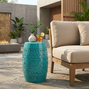 English Elm Ruby Outdoor Iron Drum Side Table with Floral Cutout Detail for Patio or Balcony Teal N773P540552T