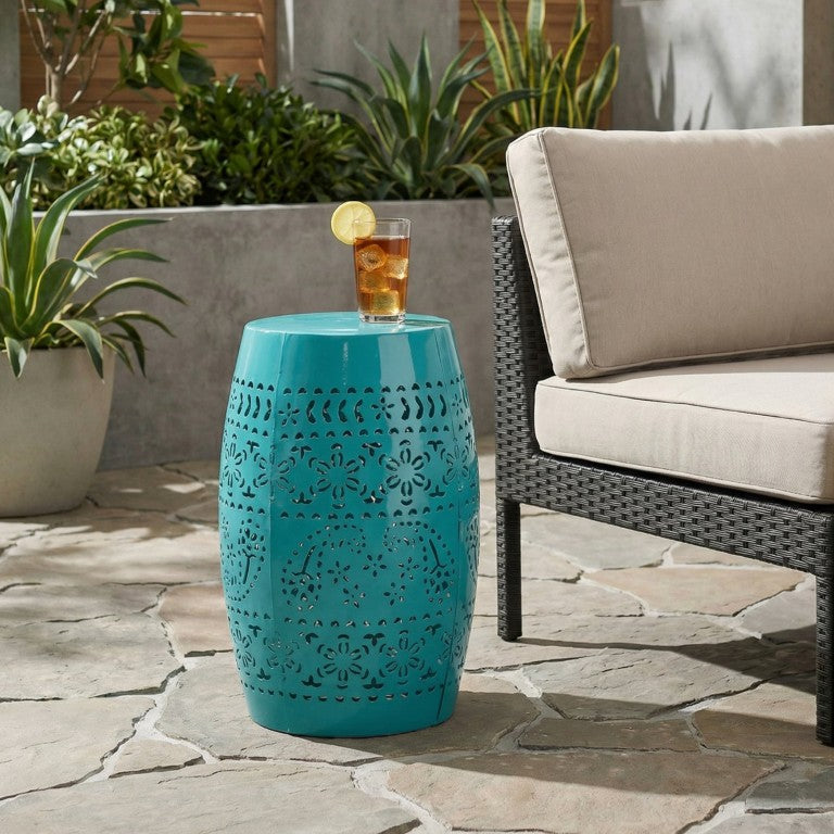 English Elm Ruby Outdoor Iron Drum Side Table with Floral Cutout Detail for Patio or Balcony Teal N773P540552T