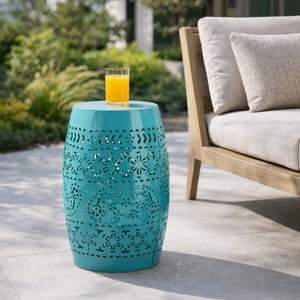 English Elm Ruby Outdoor Iron Drum Side Table with Floral Cutout Detail for Patio or Balcony Teal N773P540552T