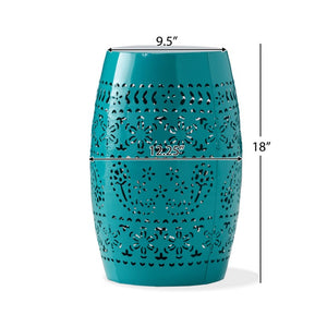 English Elm Ruby Outdoor Iron Drum Side Table with Floral Cutout Detail for Patio or Balcony Teal N773P540552T