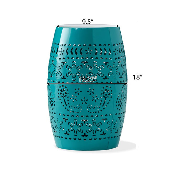 English Elm Ruby Outdoor Iron Drum Side Table with Floral Cutout Detail for Patio or Balcony Teal N773P540552T