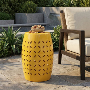 English Elm 12 Inch Outdoor Iron Side Table Barrel Shape Lace Cut Metalwork Sculptural Patio Accent N773P540563Y