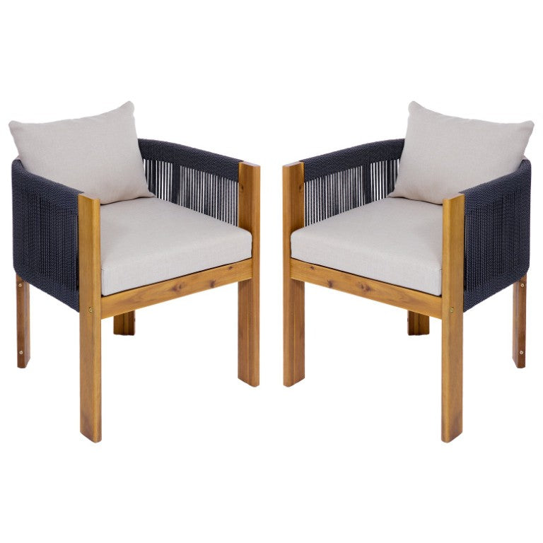 English Elm Matera Acacia Wood Outdoor Dining Chairs with Woven Rope Back and Cushions Set of 2 N775P255932N