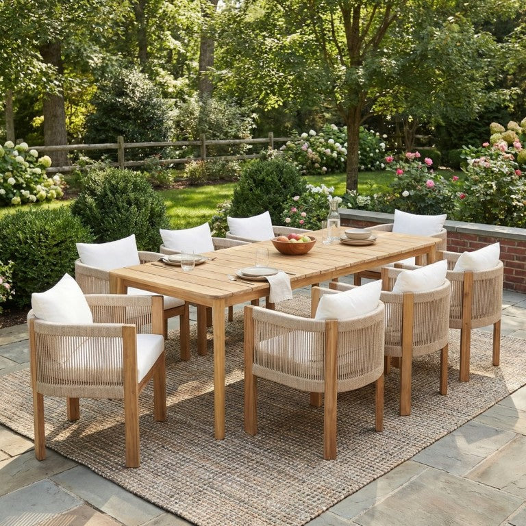 English Elm Matera Outdoor Acacia Wood 9 Piece Dining Set with Woven Back Chairs and Cushions Oiled Teak Finish / Teak+Beige N775P255932T-8_N775P367562G