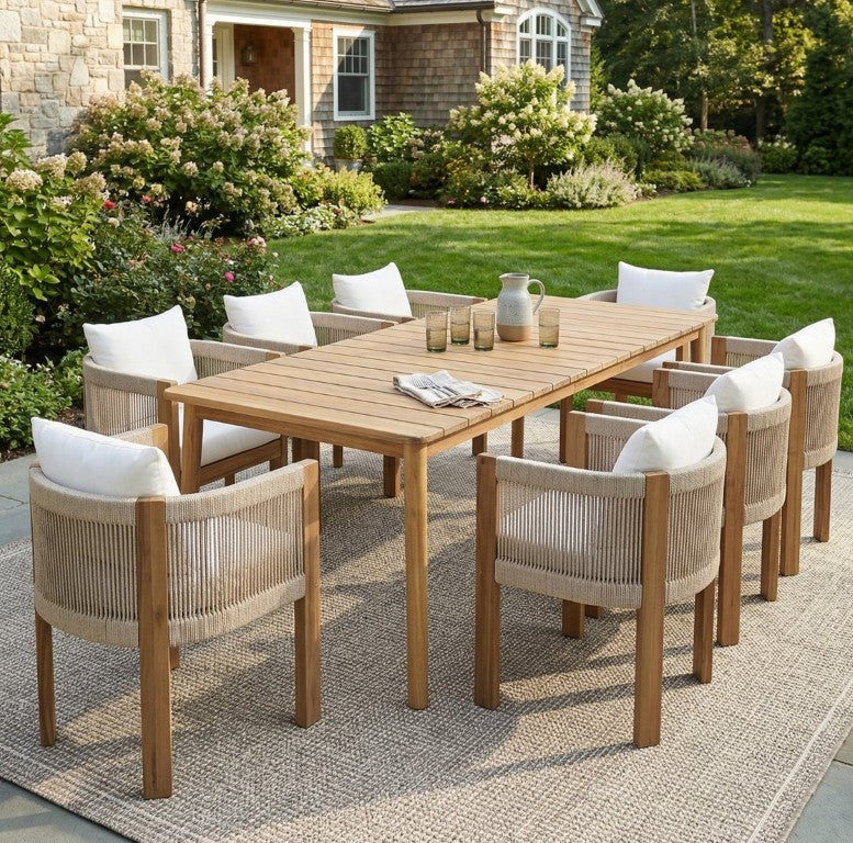 English Elm Matera Outdoor Acacia Wood 9 Piece Dining Set with Woven Back Chairs and Cushions Oiled Teak Finish / Teak+Beige N775P255932T-8_N775P367562G