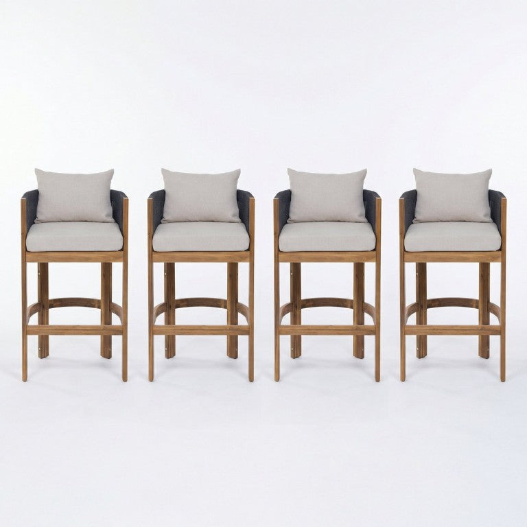 English Elm Matera Outdoor Acacia Wood Barstool with Woven Rope Backrest and Cushioned Seat Black / Sand Set of 4 N775P255942N-S4