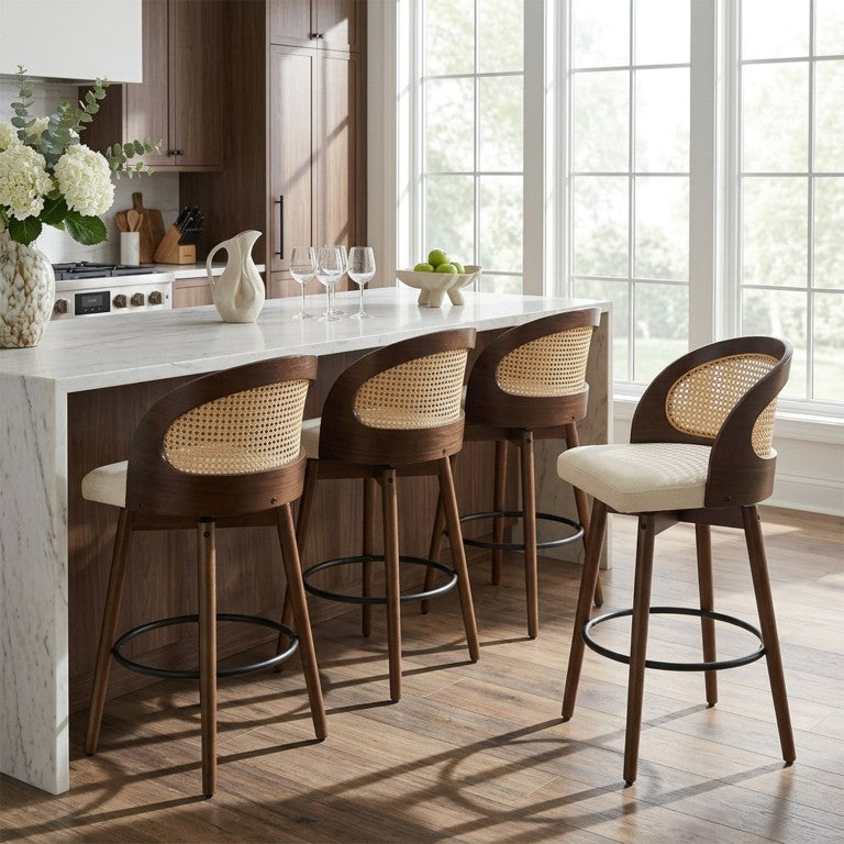 English Elm Como Woven Rattan Backrest Counter Barstools Set of 4 Rubberwood Walnut Finish N775P264459W-S4
