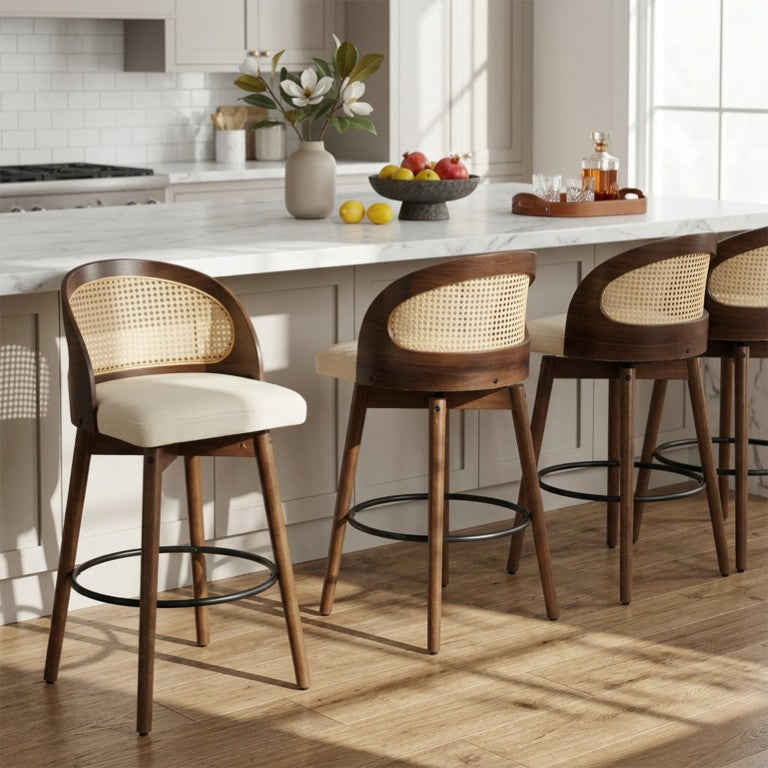 English Elm Como Woven Rattan Backrest Counter Barstools Set of 4 Rubberwood Walnut Finish N775P264459W-S4