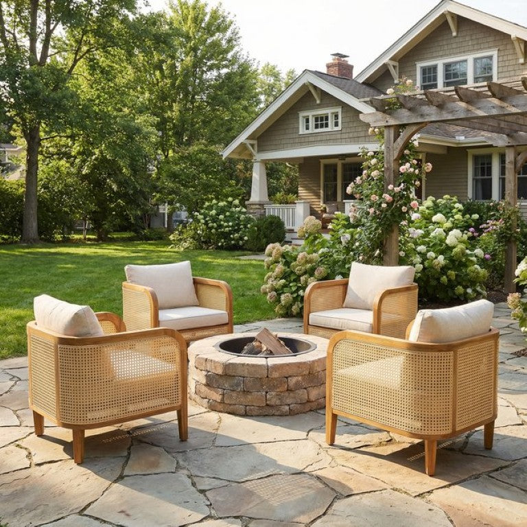 English Elm Kirkby Outdoor Wicker Acacia Club Chairs with Cushions Set of 4 Patio Lounge N775P265894T-S4