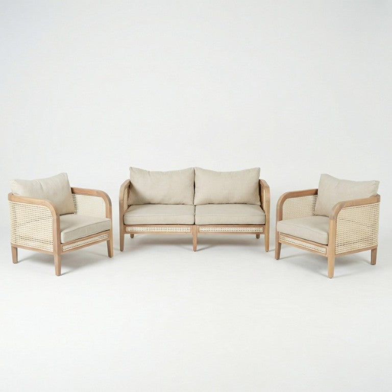 English Elm Kirkby Acacia Wood and White Wicker Outdoor Chat Set for Resort Style Patio Living N775P265894W-S2_N775P265895W