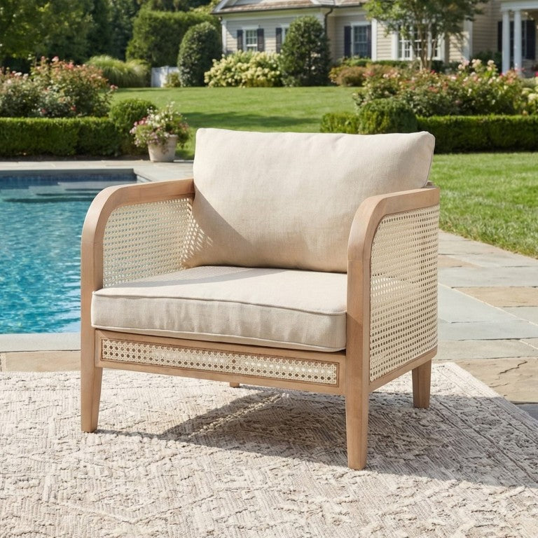 English Elm Kirkby Outdoor Acacia Wood Arm Chair with White Wicker Weave and Cushioned Seat Set of 1 N775P265894W