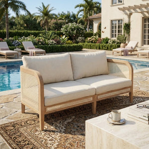 English Elm Kirkby Outdoor Acacia Wood Wicker Two Seat Sofa with Beige Cushions for Patio N775P265895W