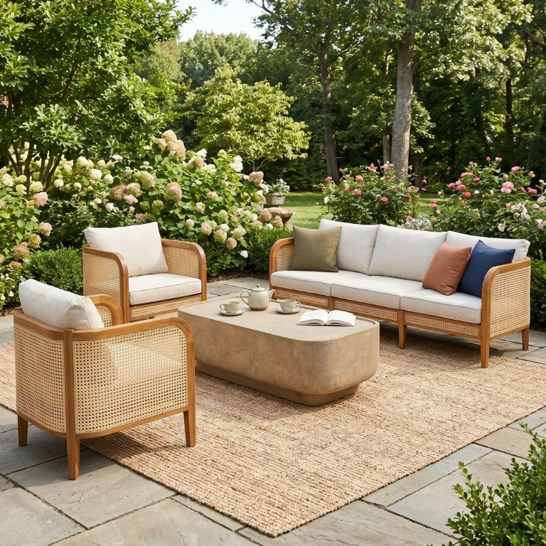 English Elm Kirkby Outdoor Acacia Wood and Rattan 4 Piece Patio Conversation Set with MGO Table N775P265896T