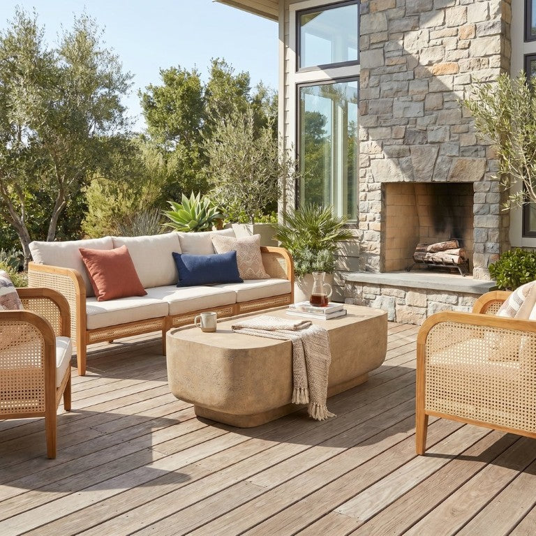 English Elm Kirkby Outdoor Acacia Wood and Rattan 4 Piece Patio Conversation Set with MGO Table N775P265896T