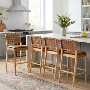 English Elm Rieti Rubberwood Barstools Set of 4 Woven Grid Back Natural Frame Brown Cushion N775P271408B-S4