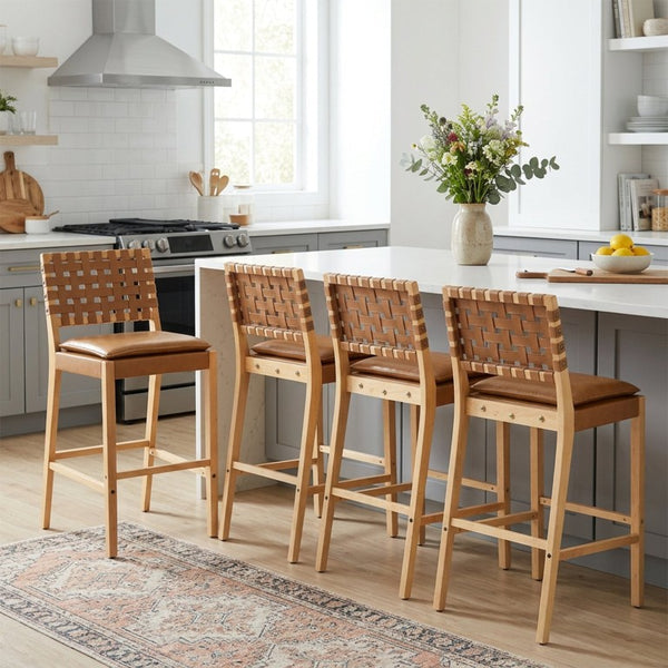 English Elm Rieti Rubberwood Barstools Set of 4 Woven Grid Back Natural Frame Brown Cushion N775P271408B-S4