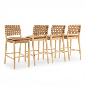 English Elm Rieti Rubberwood Barstools Set of 4 Woven Grid Back Natural Frame Brown Cushion N775P271408B-S4