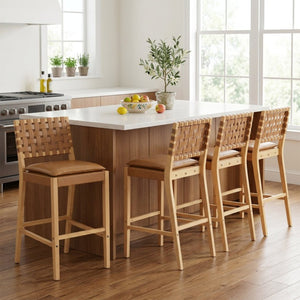 English Elm Rieti Rubberwood Barstools Set of 4 Woven Grid Back Natural Frame Brown Cushion N775P271408B-S4