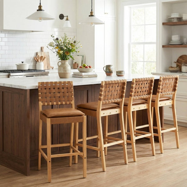English Elm Rieti Rubberwood Barstools Set of 4 Woven Grid Back Natural Frame Brown Cushion N775P271408B-S4