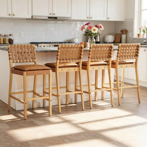English Elm Rieti Rubberwood Barstools Set of 4 Woven Grid Back Natural Frame Brown Cushion N775P271408B-S4
