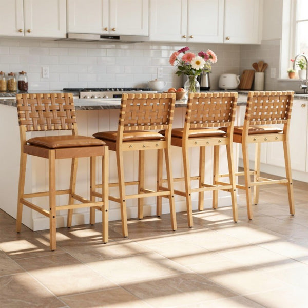 English Elm Rieti Rubberwood Barstools Set of 4 Woven Grid Back Natural Frame Brown Cushion N775P271408B-S4