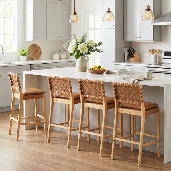 English Elm Rieti Rubberwood Barstools Set of 4 Woven Grid Back Natural Frame Brown Cushion N775P271408B-S4