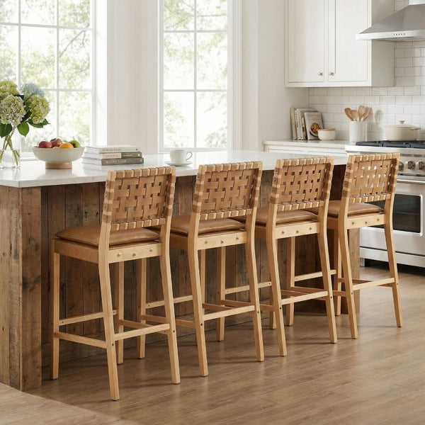English Elm Rieti Rubberwood Barstools Set of 4 Woven Grid Back Natural Frame Brown Cushion N775P271408B-S4