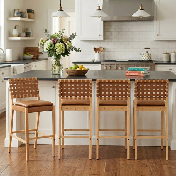 English Elm Rieti Rubberwood Barstools Set of 4 Woven Grid Back Natural Frame Brown Cushion N775P271408B-S4