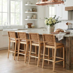 English Elm Rieti Rubberwood Barstools Set of 4 Woven Grid Back Natural Frame Brown Cushion N775P271408B-S4