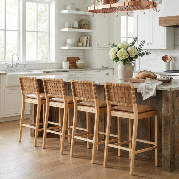 English Elm Rieti Rubberwood Barstools Set of 4 Woven Grid Back Natural Frame Brown Cushion N775P271408B-S4