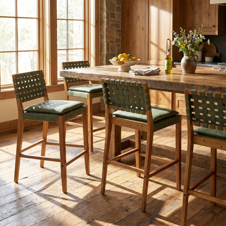 English Elm Rieti Rubberwood Barstools Set of 4 Woven PU Backrest Mid-Century Kitchen Island Seating N775P271408G-S4