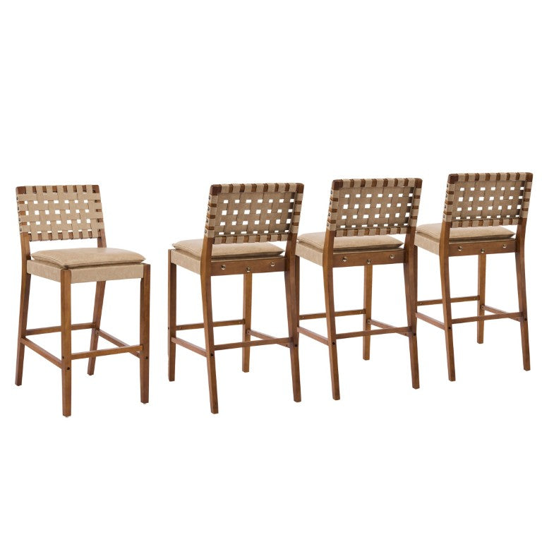 English Elm Rieti Mid-Century Rubberwood Barstools with Woven PU Backrest and Walnut Finish Light Brown Set of 4 N775P271408L-S4