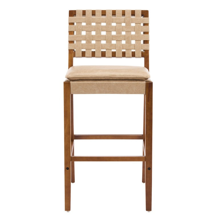 English Elm Rieti Mid-Century Rubberwood Barstools with Woven PU Backrest and Walnut Finish Light Brown Set of 4 N775P271408L-S4