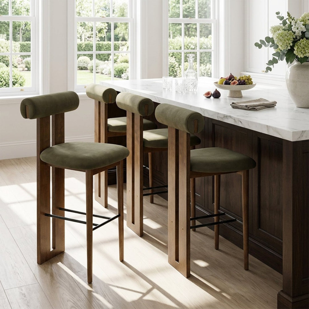 English Elm Renee Mid-century Rubberwood Bar Stools with Velvet Seats and Walnut Finish Set of 4 N775P277442G-S4