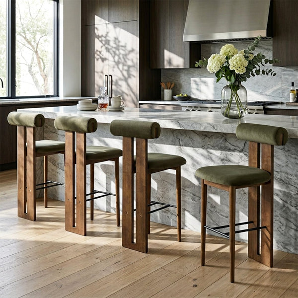 English Elm Renee Mid-century Rubberwood Bar Stools with Velvet Seats and Walnut Finish Set of 4 N775P277442G-S4