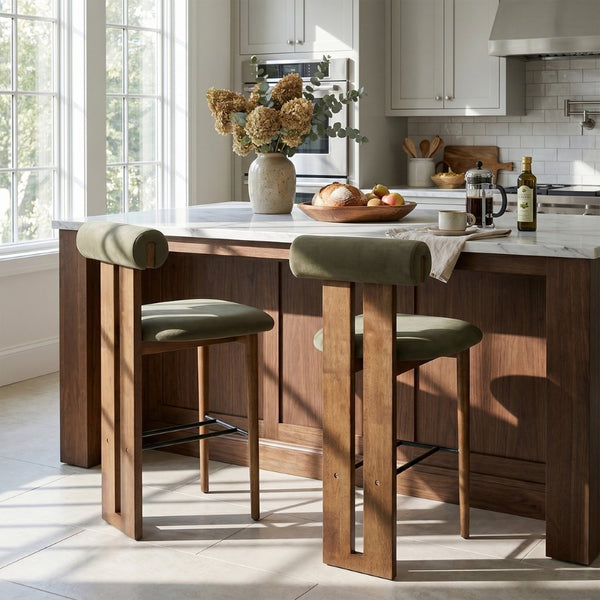 English Elm Renee Mid-century Velvet Bar Stools Set of Two with Rubberwood Frame and Split Back N775P277442G