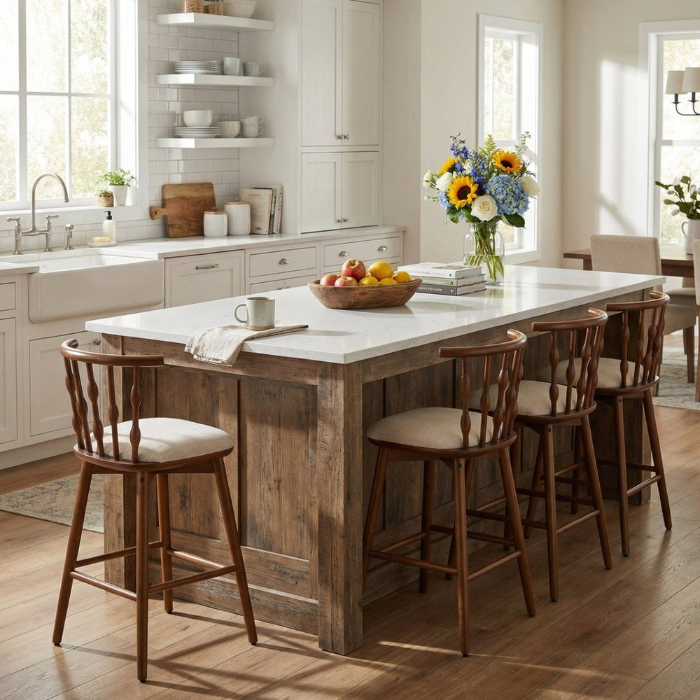 English Elm Doria Rubberwood Barstools Set of 4 Walnut Finish Upholstered Kitchen Island Seating N775P299416W-S4
