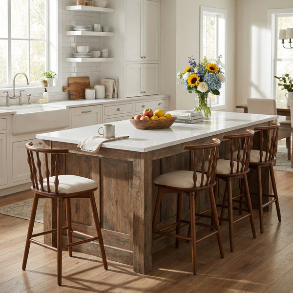 English Elm Doria Rubberwood Barstools Set of 4 Walnut Finish Upholstered Kitchen Island Seating N775P299416W-S4