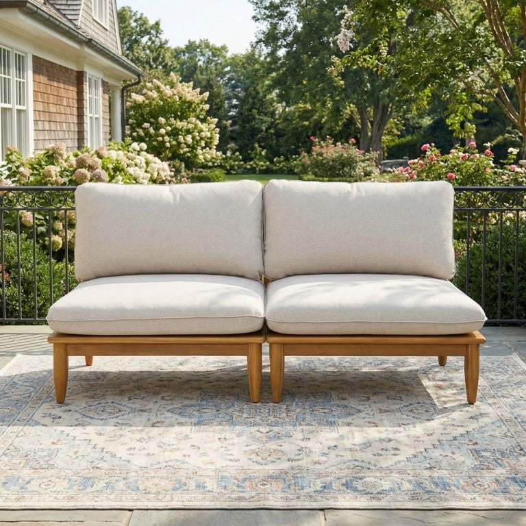 English Elm Sacova Outdoor Solid Acacia Armless Chair Set of 2 with Teak Grain and Beige Cushions N775P305693T-S2