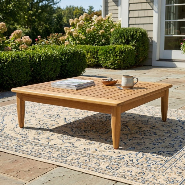 English Elm Sacova Solid Acacia Square Patio Coffee Table with Teak Finish and Rustic Grain N775P305695T