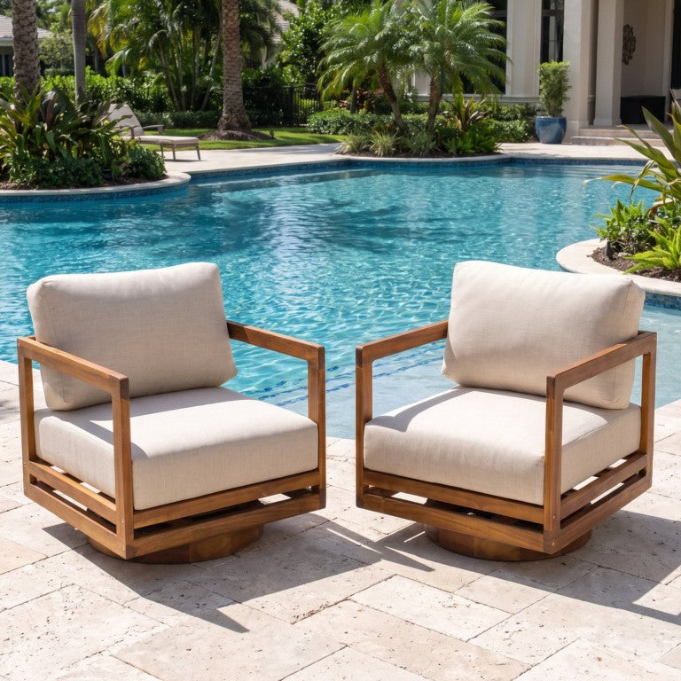 English Elm Terra Acacia Wood Swivel Outdoor Armchairs Geometric Teak Frame Beige Cushions Set N775P361825T-S2