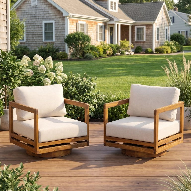 English Elm Terra Acacia Wood Swivel Outdoor Armchairs Geometric Teak Frame Beige Cushions Set N775P361825T-S2
