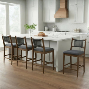 English Elm Arno Walnut Rubberwood Counter Stools with Woven Rope Back and Charcoal Seat Set of 4 N775P366302B-S4