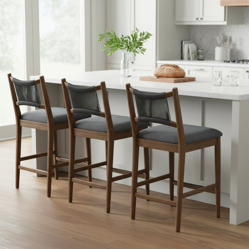 English Elm Arno Walnut Rubberwood Counter Stools with Woven Rope Back and Charcoal Seat Set of 4 N775P366302B-S4