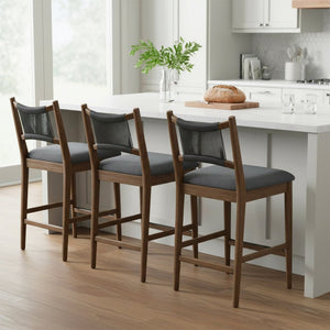English Elm Arno Walnut Rubberwood Counter Stools with Woven Rope Back and Charcoal Seat Set of 4 N775P366302B-S4