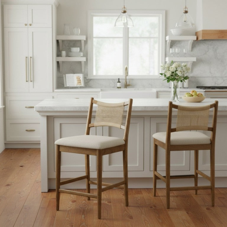 English Elm Arno Rubberwood Counter Stools with Woven Rope Backrest and Upholstered Seat Pair Set of 2 N775P366302W