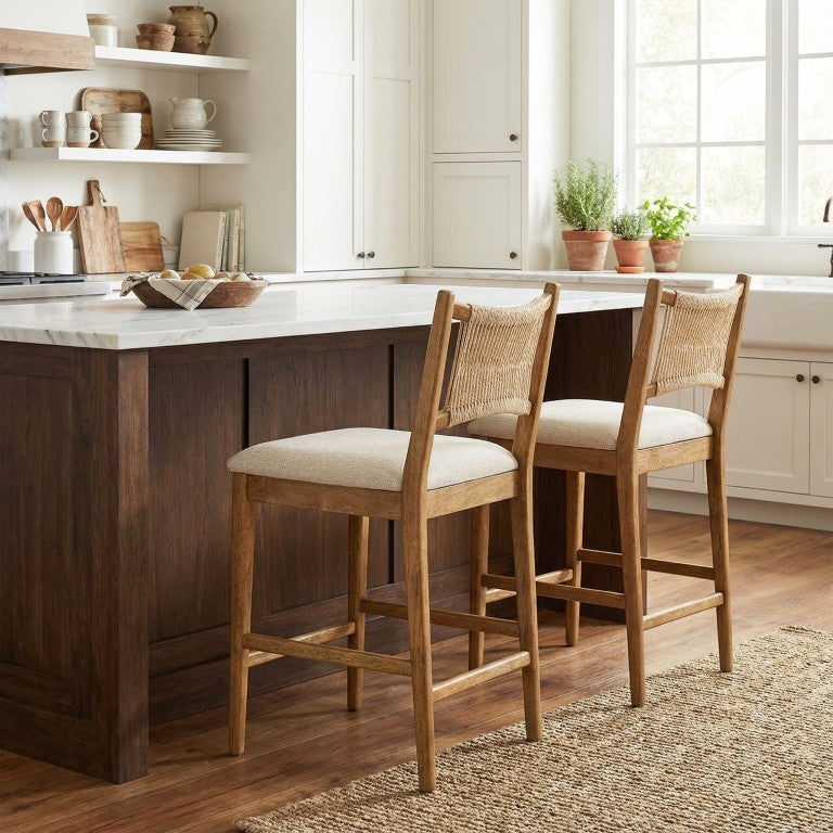English Elm Arno Rubberwood Counter Stools with Woven Rope Backrest and Upholstered Seat Pair Set of 2 N775P366302W