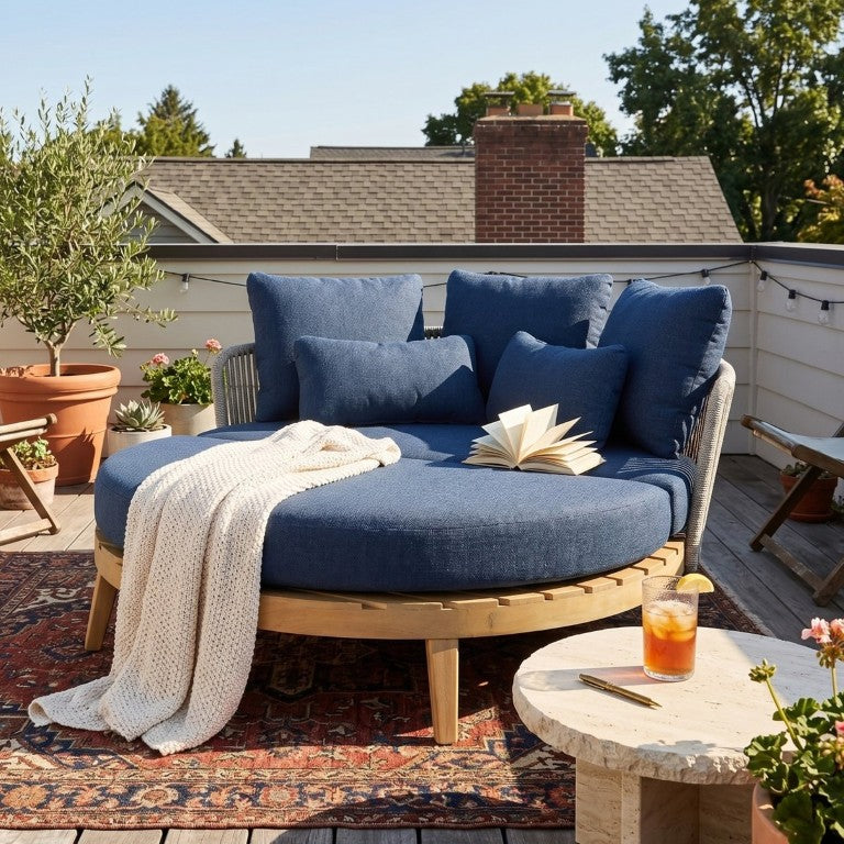 English Elm Martin Outdoor Round Acacia Wood Daybed with Woven Rope Back for Poolside Lounging Natural / Slate Blue N775P368546B