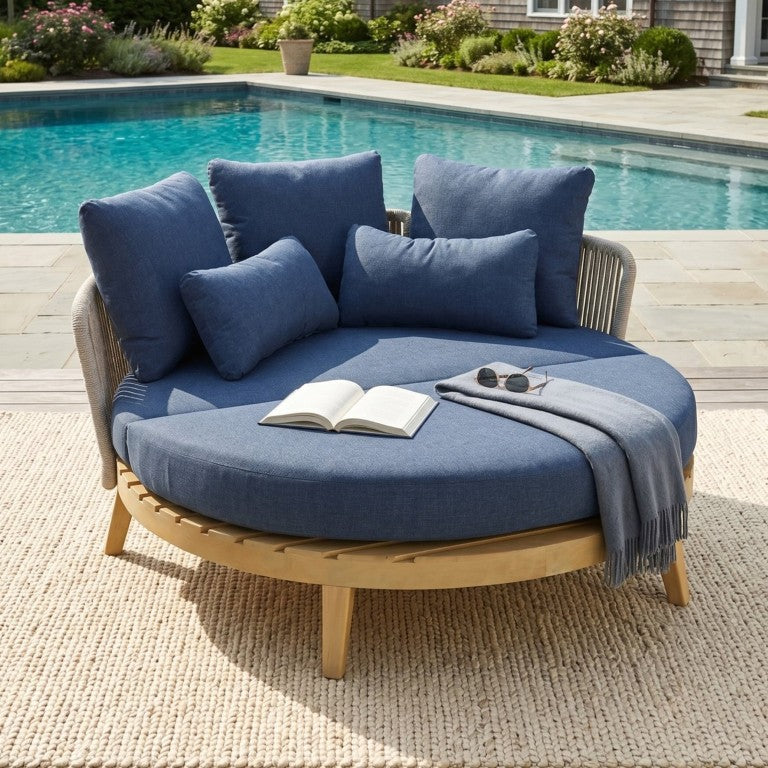 English Elm Martin Outdoor Round Acacia Wood Daybed with Woven Rope Back for Poolside Lounging Natural / Slate Blue N775P368546B