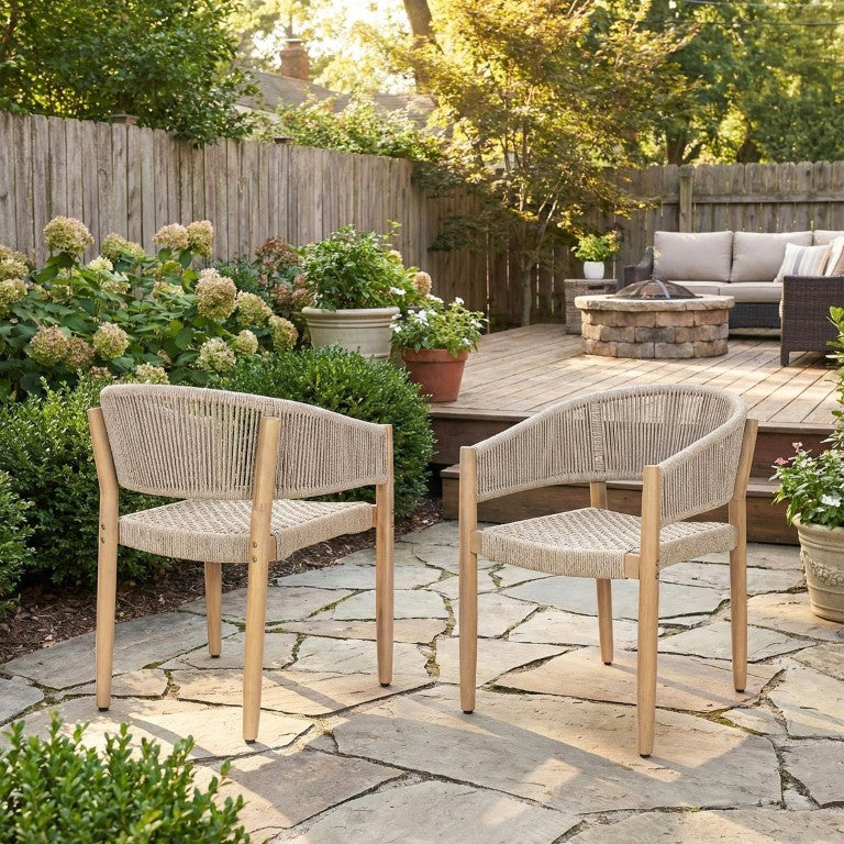 English Elm Verona Outdoor Acacia Wood Handwoven Rope Dining Chairs Ergonomic Patio Set of 2 N775P371887B